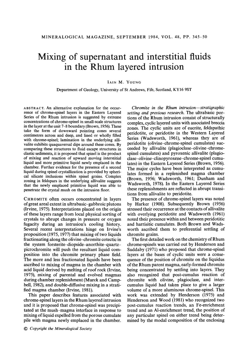 MINERALOGICAL MAGAZINE, SEPTEMBER 1984, VOL. 48, PP. 345-50 Mixing of supernatant and interstitial fluids in the Rhum layered intrusion IAIN M.