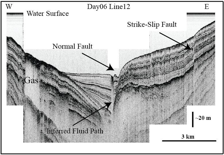 Gas is seen in the west side of the basin and a slide in the east. normal, strike slip and obliqueslip faults. These faults are Recent in age.