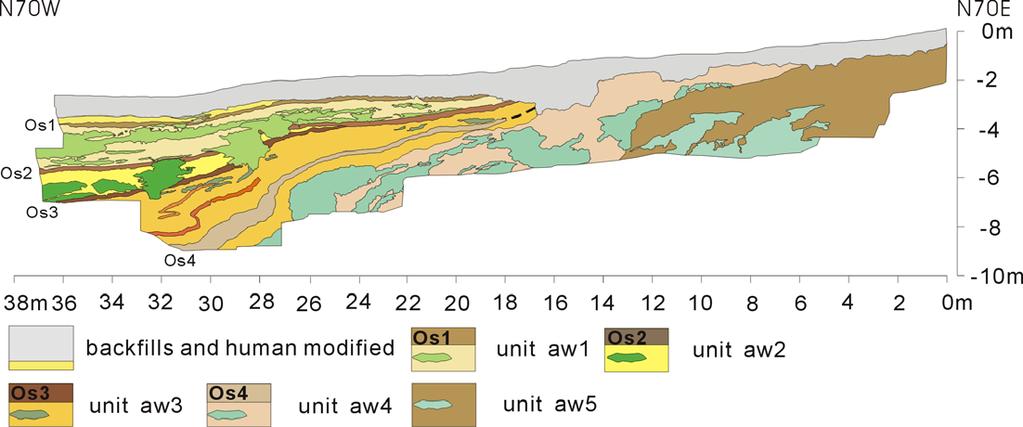 The dips of paleosoil within the forelimb increase from 11 to 38 and show a fanning of bed dips. Alluvial gravels onlap onto each paleosoil horizon forming a wedge-shaped depositional unit.
