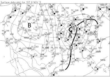 13. On the basis of your interpretation of Fig. 3, the arrow which best shows the position of the polar jet stream is a. 1 b. 2 c. 3 d. 4 e. 5 Figure 4 is the surface chart for 12 UTC 9 November 2011.