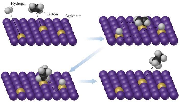 Heterogeneous Catalysis A heterogeneous catalyst exists in a different phase than the reactants. e.g. gaseous reactants and products (catalytic converters in cars) Many industrial catalysts are heterogeneous.
