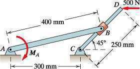Determine the shear force acting on the pin at B. If R = 200 mm and the value of the shear force should not exceed 500 N, what is the maximum allowable magnitude of the force F? For Exercises 9.1.