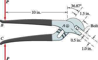 A pair of pliers grips the bolt as shown in E9.2.6. For the input force P, determine the force exerted on the bolt. E9.2.6 9.2.7.