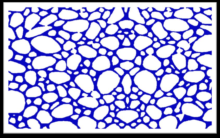 Geometry 2: a two-dimensional pattern (Figure 3.12) characterized by small pore-bodies and long pore throats, with dimensions of 0.727 mm x 0.445 mm, and 221,221 cells.