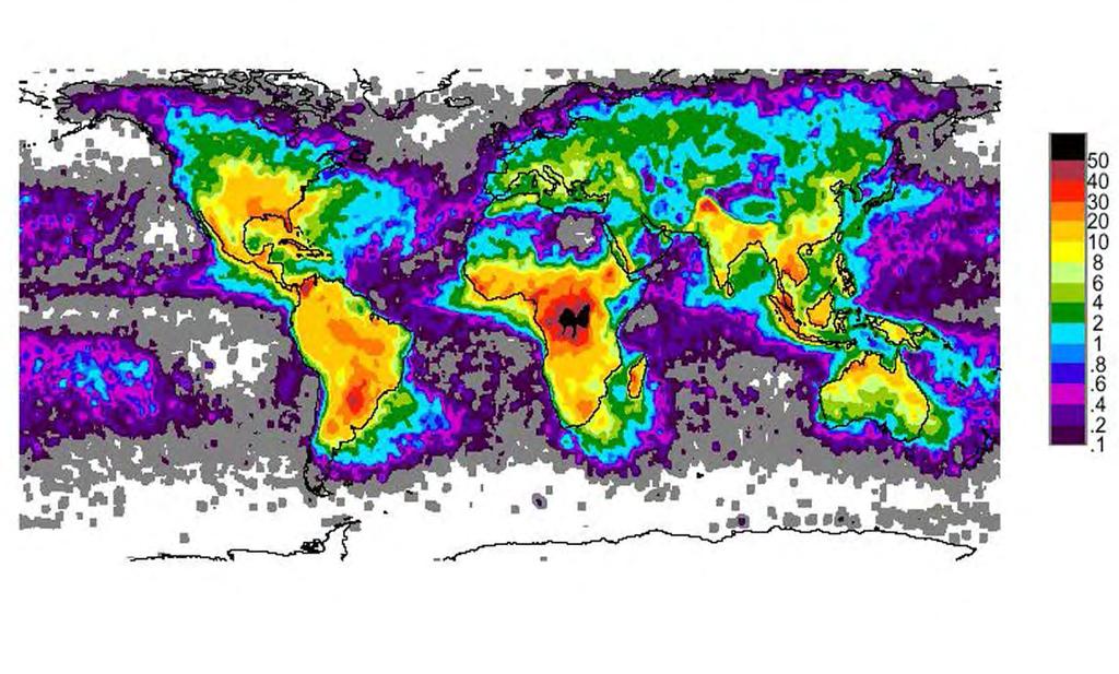 Total Lightning Flash Density Map (N g /(N g + N c ) = 1/3 to 1/4 is needed to obtain N g ) A global map of total lightning flash density (per square kilometer per year) based on data