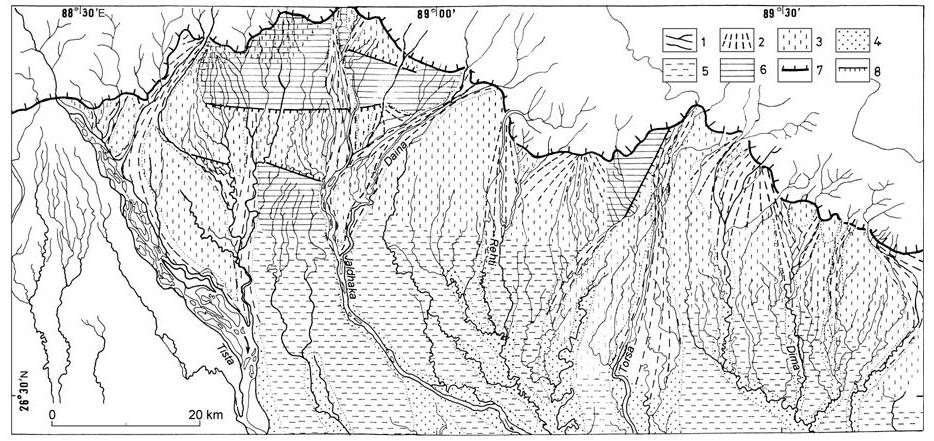 Figure 3. Geomorphic map of piedmont- foreland fans (after Starkel et al., 2008). 1. Rivers, 2.