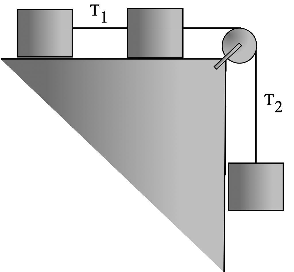 Three identical blocks (each of mass 3.0 kg) are joined by two different ropes as shown.