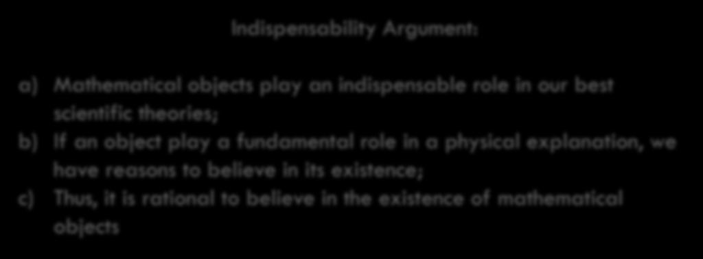 Indispensability Argument: a) Mathematical objects play an indispensable role in our best scientific theories; b) If an object play a