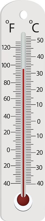 A thermometer is used to measure temperature in degrees Celsius or Fahrenheit.