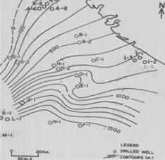 Fig. 8 : Thickness map of Deccan Trap Facies Map for Early Cretaceous The sands in well F-1 (Fig-11) encountered at the basal part of Early Cretaceous is found to have deposited in a delta system