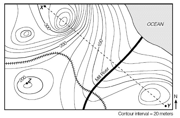 PART I QUESTIONS: MULTIPLE CHOICE! Base your answer to questions 1 through 3 on the contour map below. Elevations are shown in meters. Contour Interval = 20 meters 1.
