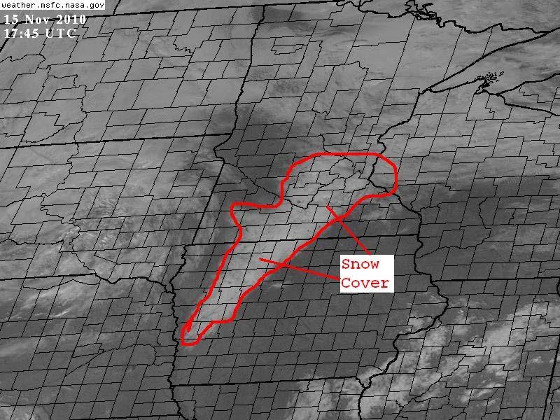 Fig. 3 Snow cover evident on visible satellite imagery from 1745 UTC Nov 15 2010.