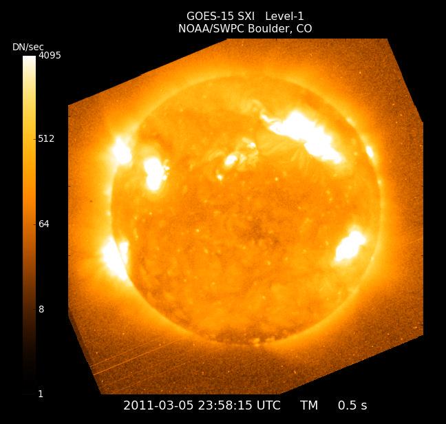 GOES 15 SXI (Solar X-ray Imager) for 5 March 2011 showing coronal holes (dark regions): Equipment: Simple Aurora Monitor (SAM-III) located at geomagnetic coordinates: 61.63 N : 262.