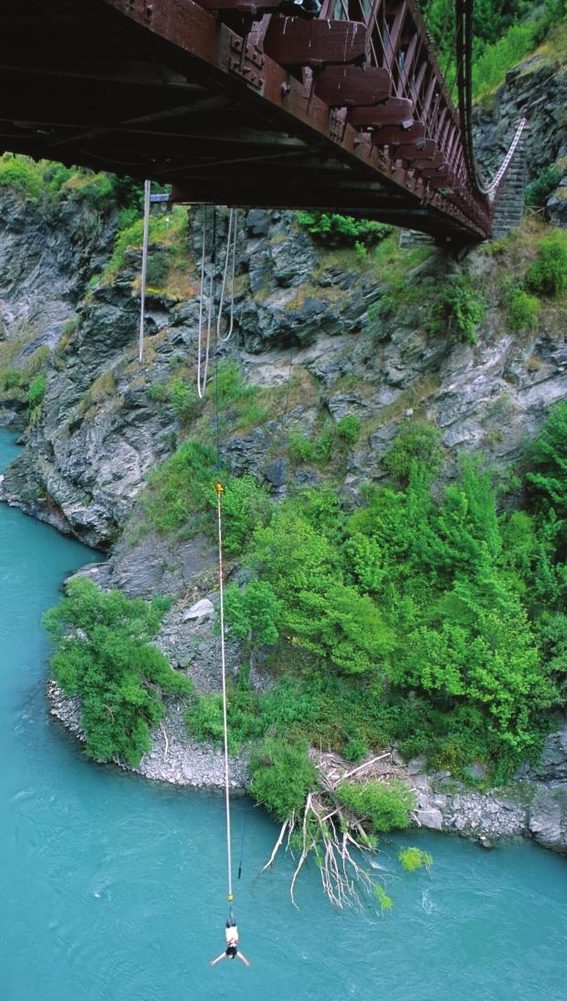 QUESTION 13 (15 marks) A person is attached to bundled elastic ropes (called a bungee cord ) and jumps from a bridge 98.4 m above the surface of a river.