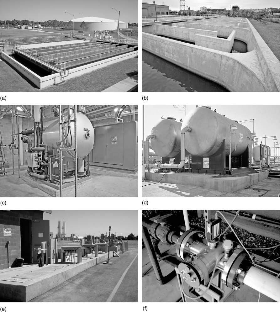 608 Chapter 11 Disinfection Processes for Water Reuse Applications Figure 11-2 Views of reactors used for disinfection: (a) serpentine plug-flow chlorine contact basin with end deflectors, (b)