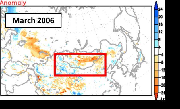 Figure 2 shows a distinct difference in the number of days with snow cover for the area in March 2012 (left) and 2006 (right), when Kosa was observed at many stations in Japan.