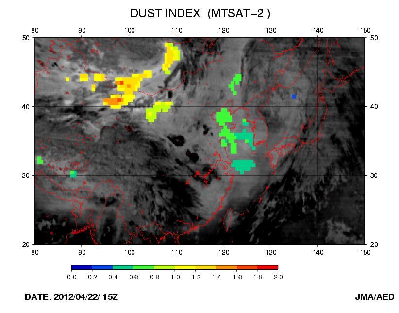 left) and at 24 JST on 22 April (15 UTC on 22 April, right) The red dashed circles in the figures highlight the concentrated dust area that moved over