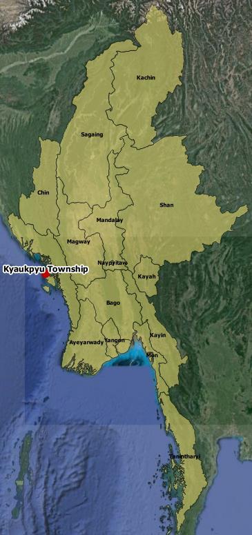 Kyaukpyu, in Rakhine Region, is located in Western Myanmar. Straddling 19 26 0 N and 93 33 0 E, Kyaukpyu is facing the Bay of Bengal (in Figure 14).