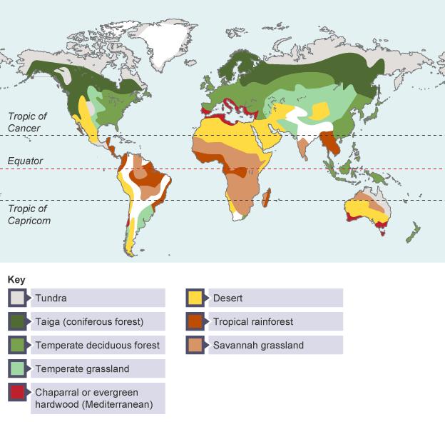 Section B: The Living World Study figure 6, a world map showing some large scale global ecosystems. Figure 6 5a) Using figure 6, which one of the following statements is correct?