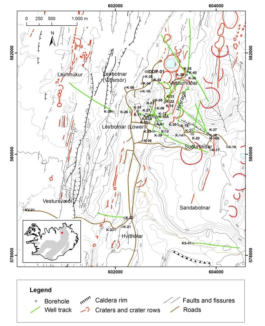 Figure 1. Map of the Krafla area showing tectonic features, the different wellfields and individual wells 2.