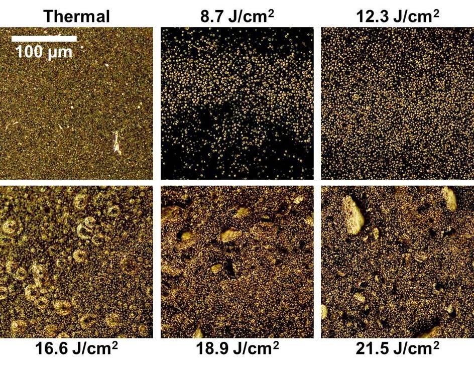 128 Figure 5.10. Film morphology changes as a function of annealing conditions, showing dark field optical microscopy images of films on PI following thermal and IPL annealing.