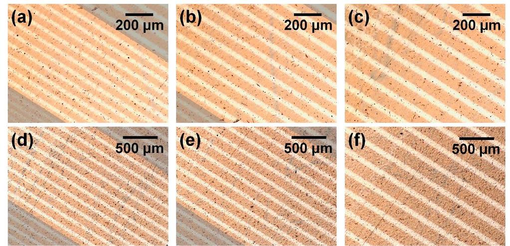 86 Figure 3.4. Optical microscopy images of printed graphene lines using cell sizes of 15, 20, 25, 30, 35 and 50 μm for (a-f), respectively.