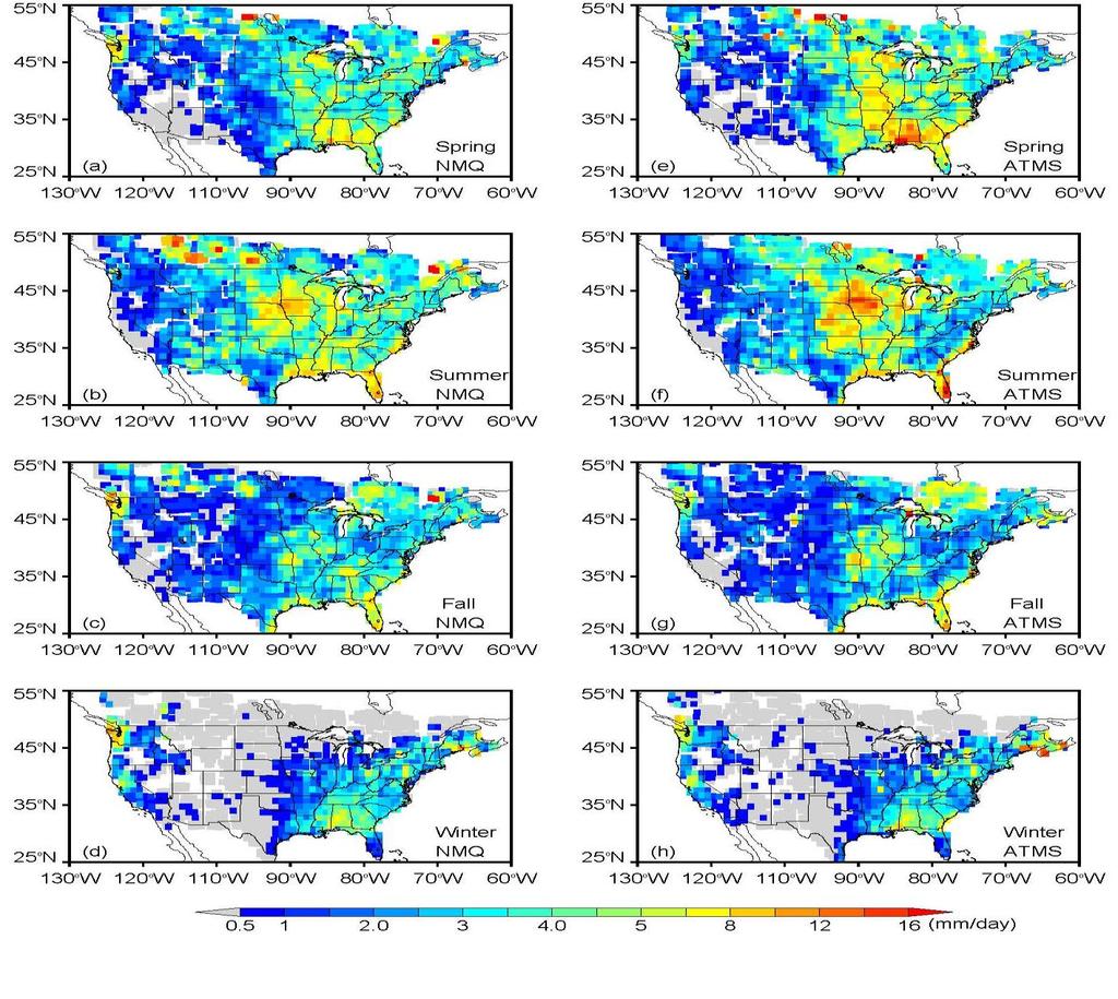 Radar observation Satellite retrieval The seasonal variation of the rain pattern is well captured over the CONUS.