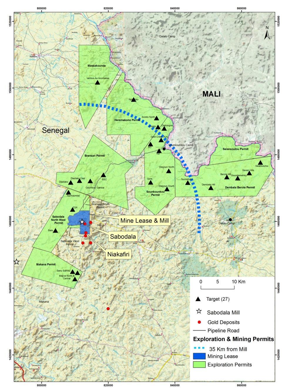 Sabodala Regional Exploration From 2007 2009, no significant drilling was done on the 1,455 km 2 regional exploration concessions due to cash constraints There are 27 drill targets identified and a