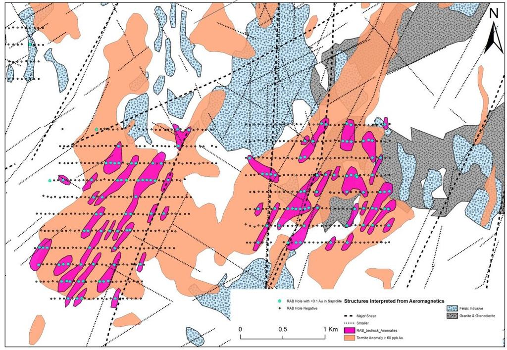defined gold mineralization in bedrock: JAM JAM HONEY HONEY 10,000m of RAB planned, line opening in progress, start