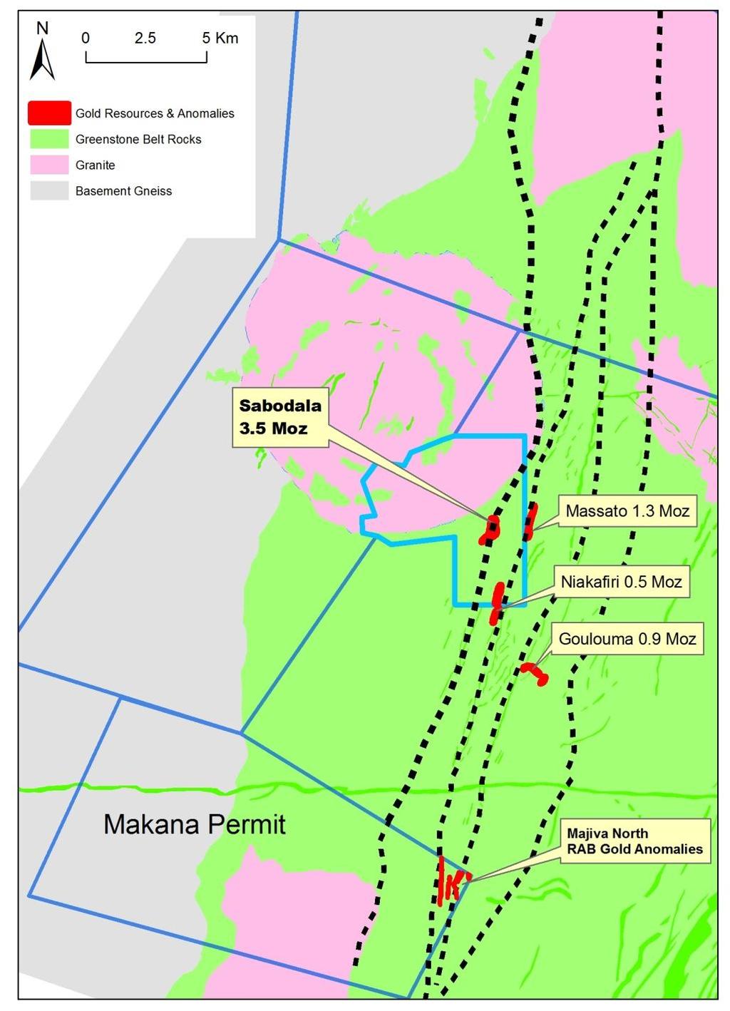 Makana Extension of Sabodala Structures Located on southern strike extension of Sabodala shear corridor Prospectively enhanced by late granite plug and large volume of felsic intrusives Major