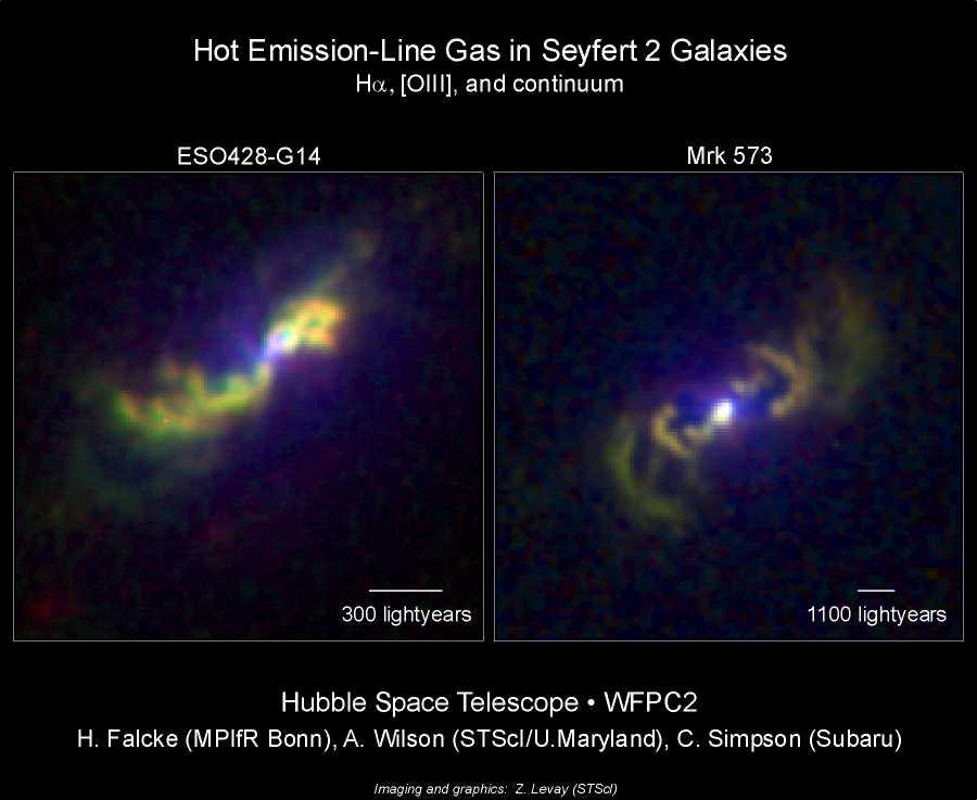 Figure 2: The unified model, showing sightlines for Seyfert 1 and 2 galaxies Figure 3: Image showing NLR emissions for two Seyfert 2 galaxies, supporting the unified model The fact that some types of