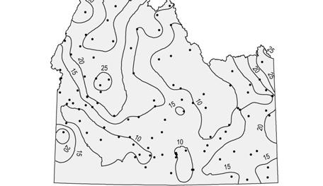 Figure 15.13 An isohyet map created by the splines with tension method. Kriging Kriging is a geostatistical method for spatial interpolation.