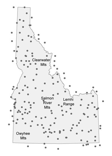 Figure 15.1 A map of 175 weather stations in and around Idaho. Type of Spatial Interpolation 1.