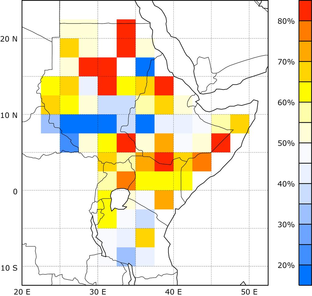errors, and so should not be over-interpreted. Nevertheless, the weak skill of the forecasts in areas further south is disappointing given the relatively high predictability (Mutai and Ward 2000).