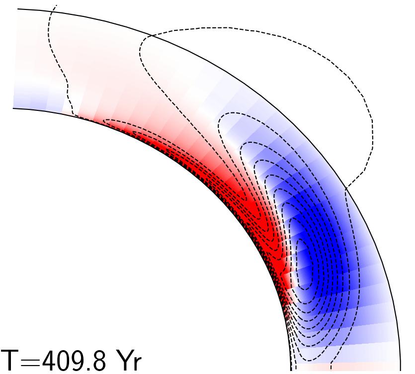streamlines of the poloidal magnetic field; b color image show variations of the angular
