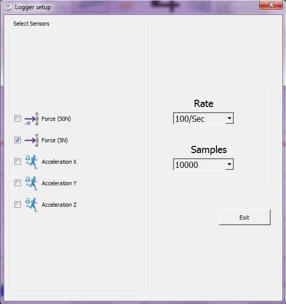 Using the Dymo Click to set the Dymo. Select Force (5N) in the "Logger Setup window.