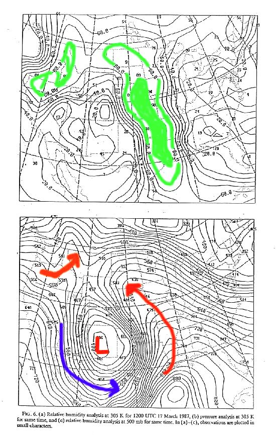 Relative Humidity 305K surface 12 UTC 3-17-87 RH>80% = green