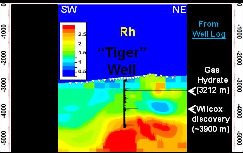Tiger well log resistivity and extracted vertical resistivity columns from inverted CSEM line 02Tx003a near the