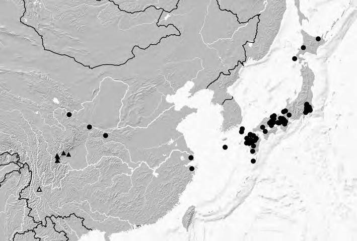 opacipennis (white circles), and O. lubricus (black circles) in South China, based on examined records.