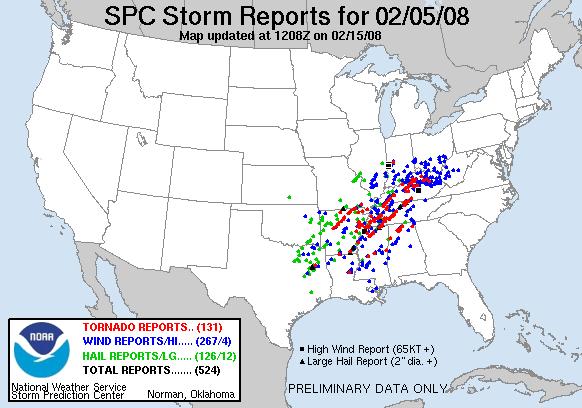 Storm Reports on Feb 5, 2008 Tornado Watches Issued when strong/violent tornado (EF2 EF5) damage is possible