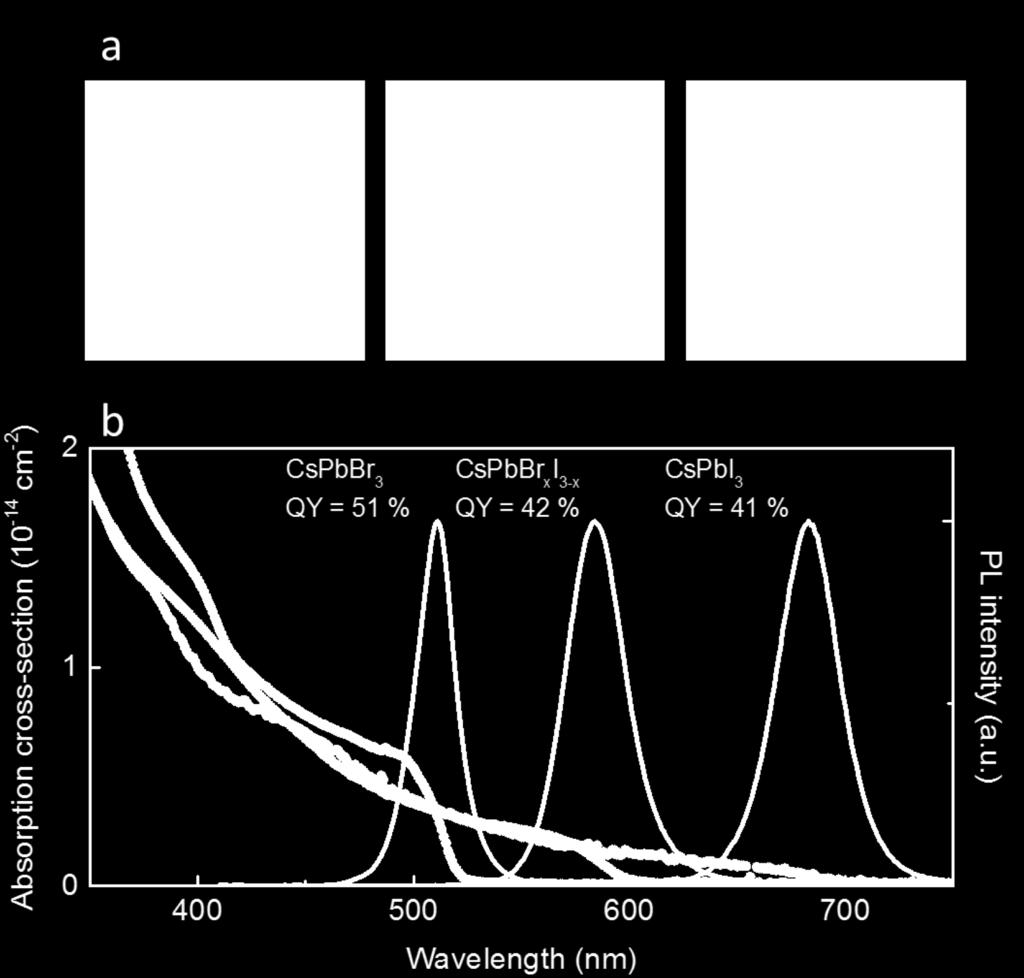 1. Absorption and photoluminescence (PL) spectra Figure S1. (a) Transmission electron microscopy (TEM) images of QDs of CsPbBr3 (mean size 9.3 ± 0.9 nm), CsPbBrxI3-x (x = 1.5, 10.7 ± 1.