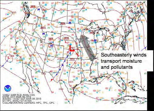 Influence of Meteorological Conditions on Air Quality for Winter 2009 2010 (1 of 5) 1. Southerly winds ahead of storm systems over the plains brought moisture and pollutants into Minneapolis-St.