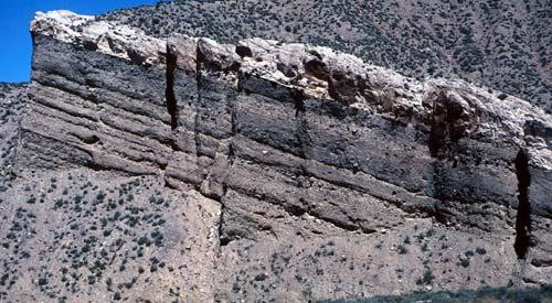 Tilted alluvial fan deposits, Death Valley, CA- These deposits preserve shallow topography of channels on the fan through time.