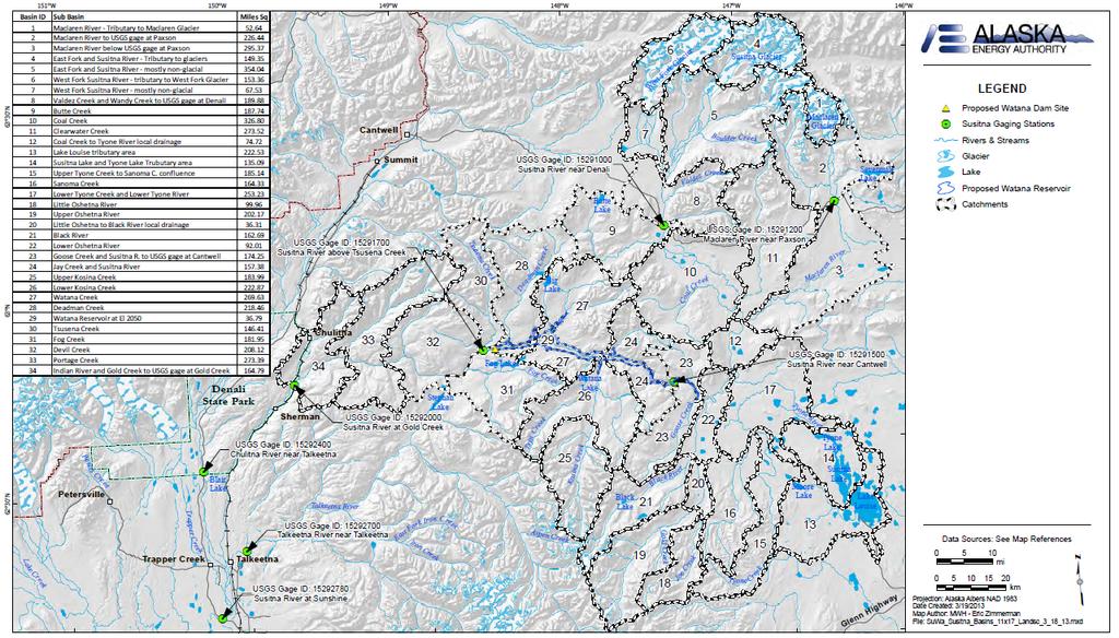 ALASKA ENERGY AUTHORITY Figure 2.2-1. Susitna Watershed Sub-Basins 2.3 Channel Routing Method Level pool routing was used for routing through Watana reservoir.