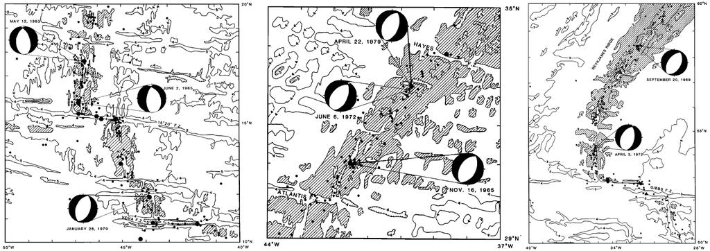 Figure 10. List magnitudes of moments and depths of earthquakes located along the mid-ocean ridge axes. Location of events shown in Figure 11. (Table 1 of Huang and Solomon, 1988). Figure 11. Locations of mid-ocean earthquakes listed in Figure 10.