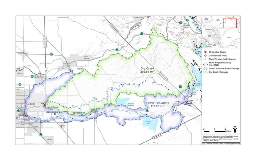 Streamflow Gages <0 Groundwater Wells ~ River W/ Miles to Confluence,., FERC Project Boundary \. ) (No. 2299) ~ Lower Tuolumne River Drainage c:3 Dry Creek Drainage Lower Tuolumne 111.