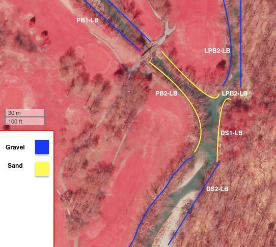Sediment Figure 11: Colored-Infrared image of site, with a chart showing the grain size of sediment deposits, where sand is outlined with yellow and gravel is outlined with blue Figure 11 shows the