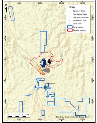 MINING RIGHTS LOCATION The Mining Carla Project Title RPP comprises 140 straddles of 16 mining the historical titles covering Segovia about Remedios 6,000 Ha.