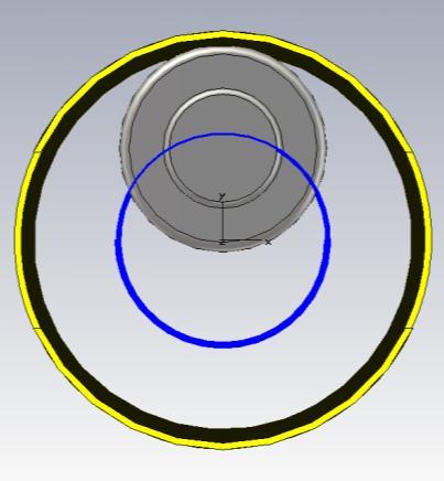 Figure.5. Pill box 805 MHz RF cavity in the HCC. Design equilibrium orbit is shown.