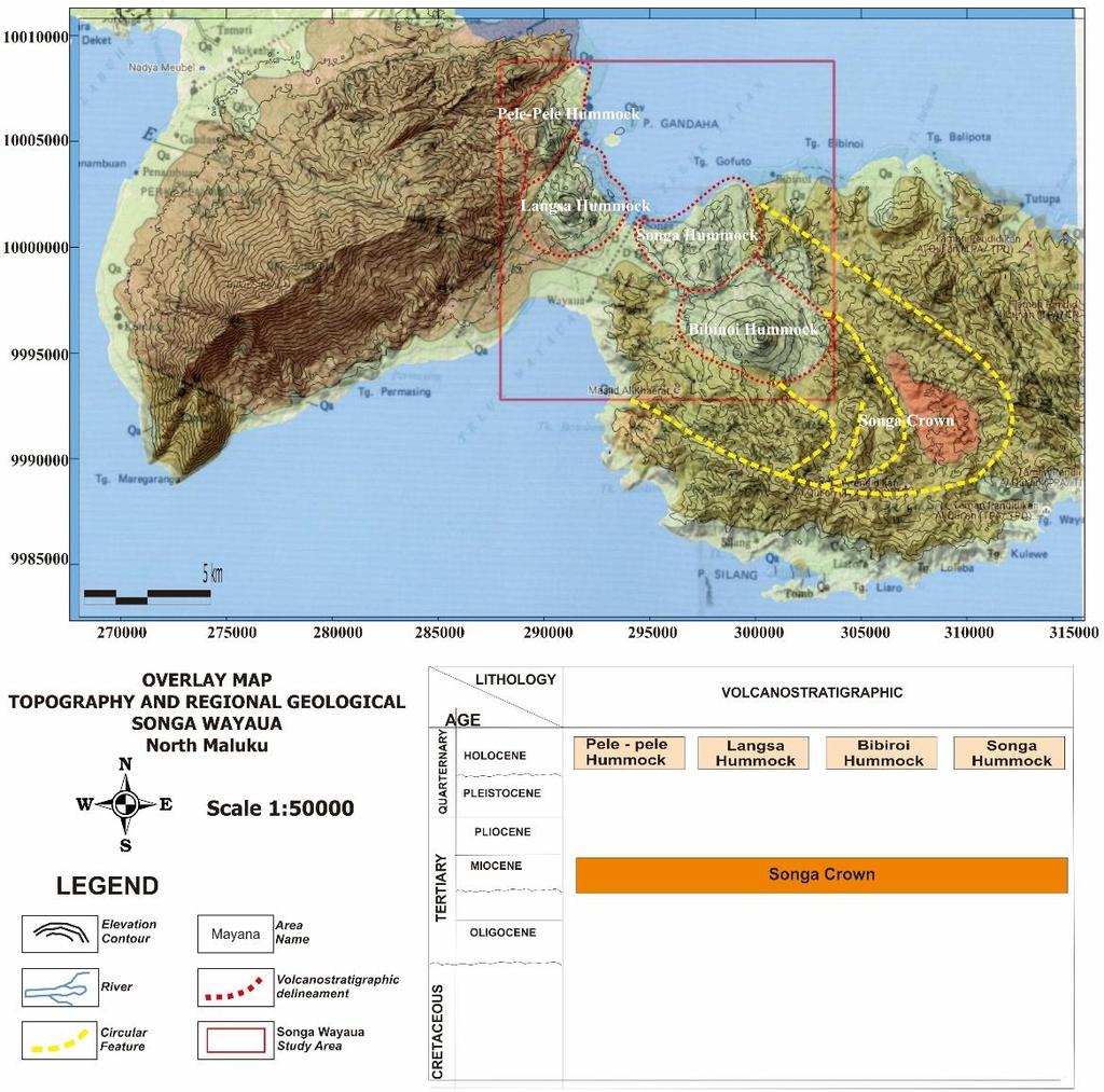 Figure 2. Distribution of volcanostratigraphy border on the overlayed of topography and regional geological maps of Songa-Wayaua and surrounding area (modified from Bacan Geological Map [8]). 3.2. Remote Sensing Study Result The result of lineaments study base on SAR images lineaments show in the figure 3.